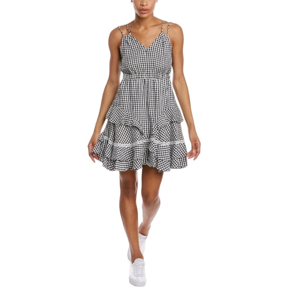 Maison Tara Gingham Seersucker Ruffle Tiered Mini Dress Black White Size 6 NWT